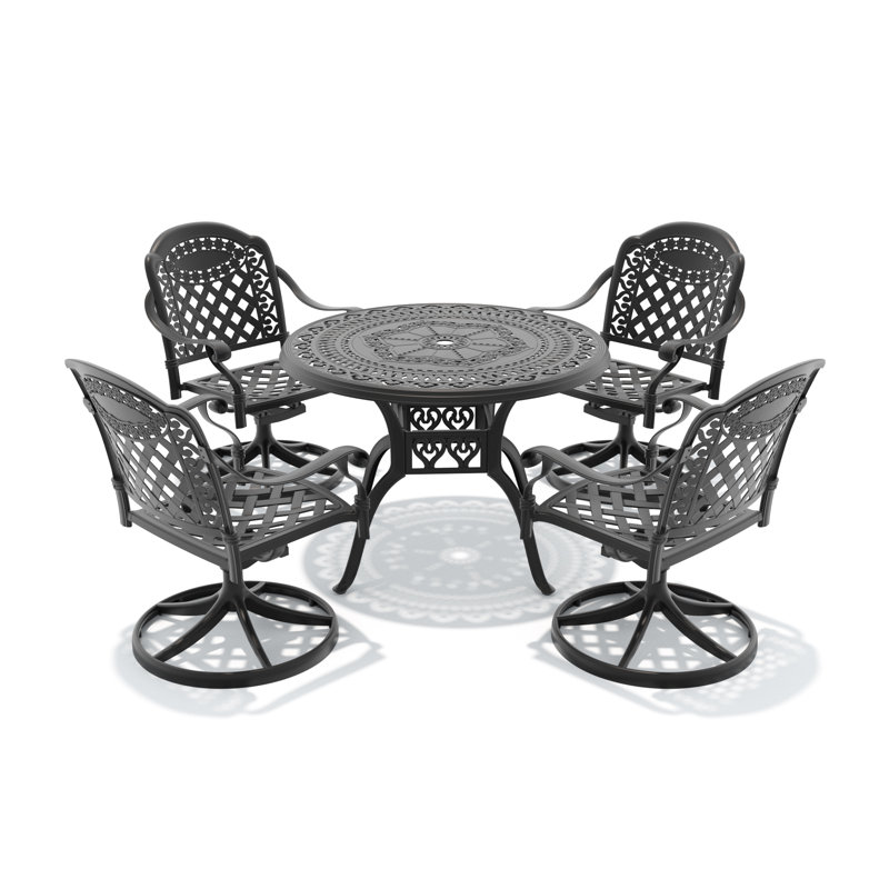 Ensemble de salle à manger d'extérieur 5 pièces, table ronde de 100 cm avec trou pour parasol et 4 chaises pivotantes avec coussins rouges