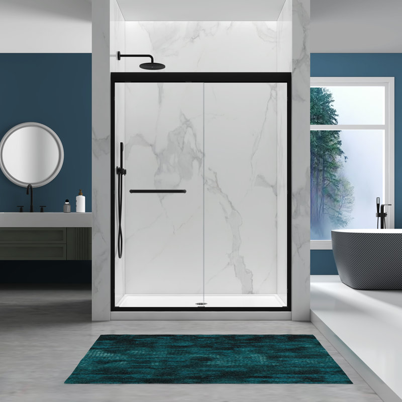 56-60" X 72" Tempered Glass, Aluminum Frame Double Sliding Shower Door, 1/4" (6mm), Stainless Steel Handles, Matte Black