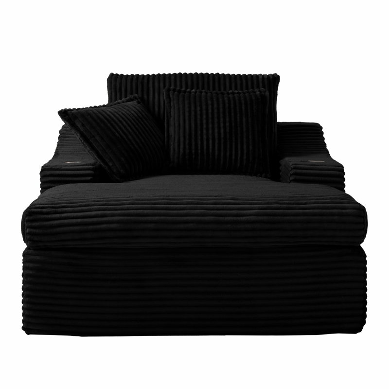 Chaise longue, méridienne rembourrée avec porte-gobelets et 3 coussins, Black