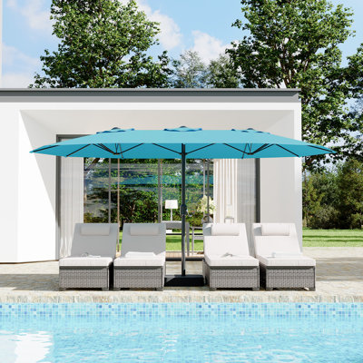 Très grand parasol de patio double face de 15 pi avec base robuste - Toile de marché rectangulaire résistante aux rayons UV et à l'eau - Parasol d'extérieur pour la pelouse, le jardin, la terrasse, le bord de la piscine, la cour arrière, la brume bleue