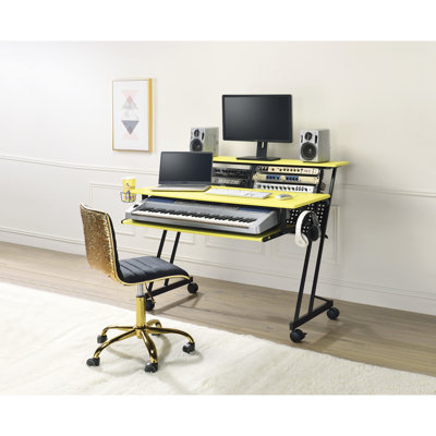 Yellow And Black Music Recording Desk With Keyboard Tray, Caster Wheels, 43" Flat Monitor Ability, Open Shelf Storage, Wooden Top Metal Frame, 61 - Key Compatibility Design, Supports Monitor,