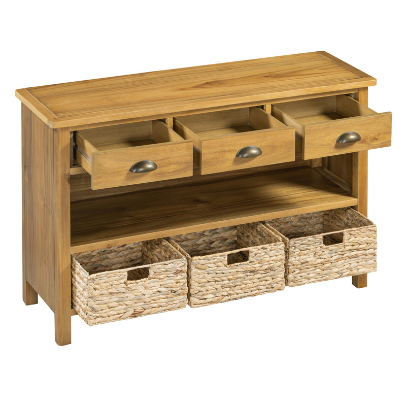 Vintage Console Table With Drawers, Water Hyacinth Woven Baskets, Multi-Color Options, Ideal For Entryway And Living Room