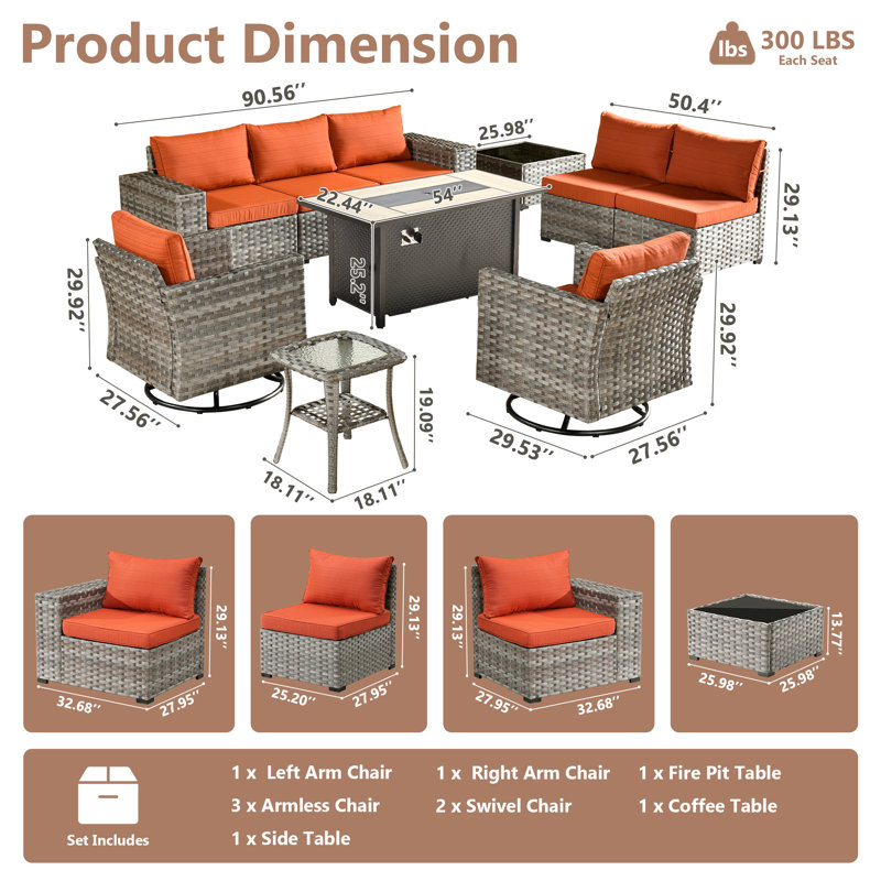 Bobia Wicker 7 - Person Modular Patio Conversation Set with Cushions, Orange