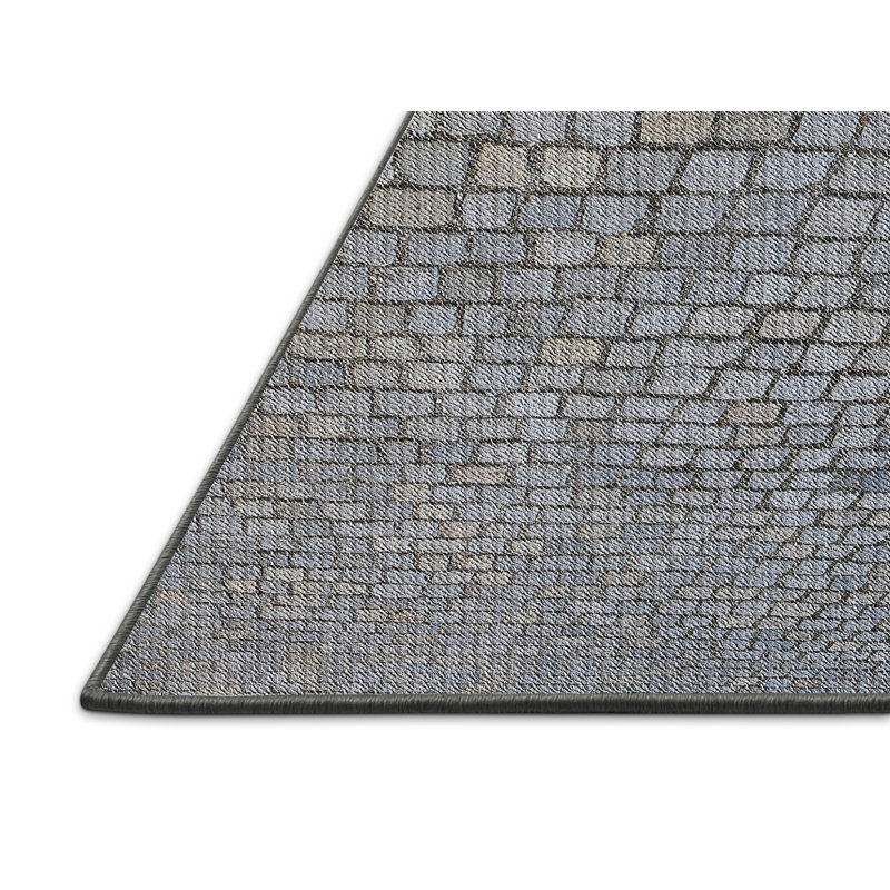 Tapis bleu marine en laine et polyester tissé à la machine à motif géométrique, Rectangle 5 pi x 7 pi