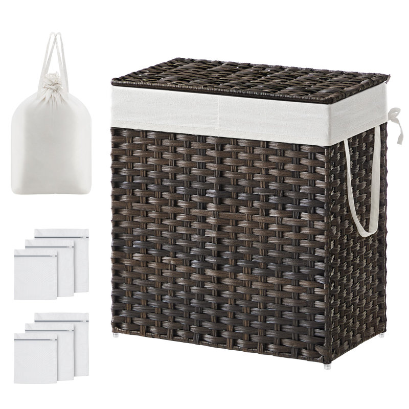 Panier à linge 110l avec 2 sacs de doublure amovibles, Brun