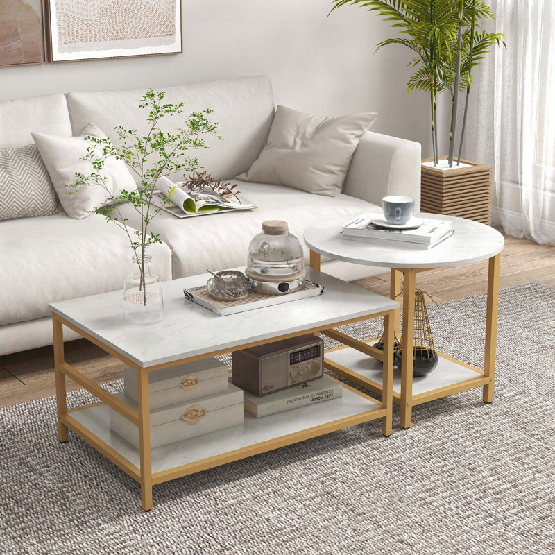 Ensemble de 2 tables basses - faux marbre avec cadre doré