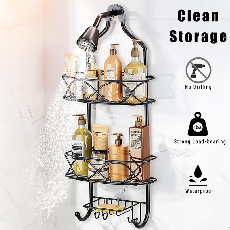 No Drilling Rustproof Shower Shelf Rack Over Shower Head With Shampoo Soap Holders