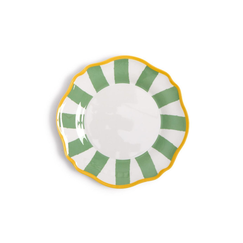 Ensemble de 4 assiettes à salade en mélamine durable à rayures Sage Green pour l'intérieur et l'extérieur, White,Green