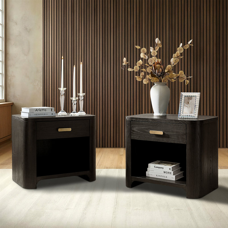Waynesville Palazzo Modern 28"W 1 Drawer Fully Assembled Oak Wood Nightstand with Built-In Powerstation and USB, Black