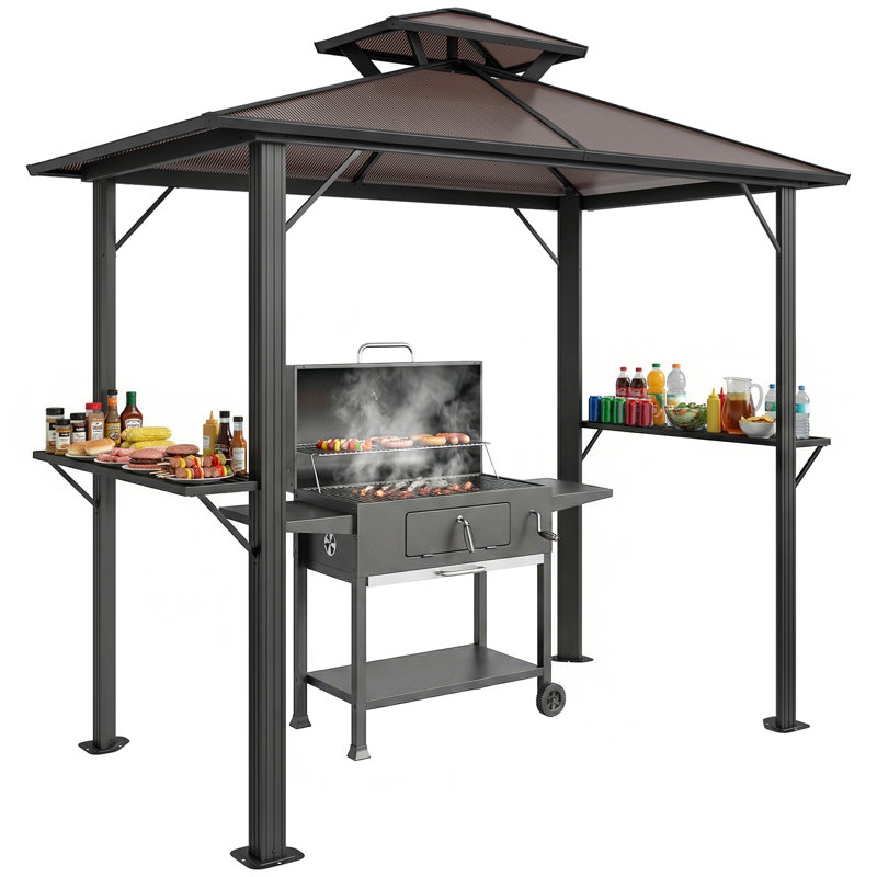 Outsunny 2.5 x 1.5 m Hardtop BBQ Grill Gazebo Canopy 2 Side Shelves Brown