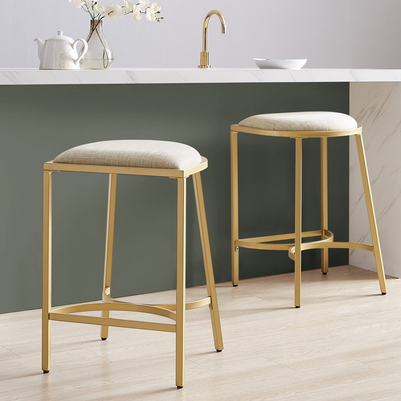 Ellery Upholstered Counter Stool with Metal Frame, Oatmeal/Gold