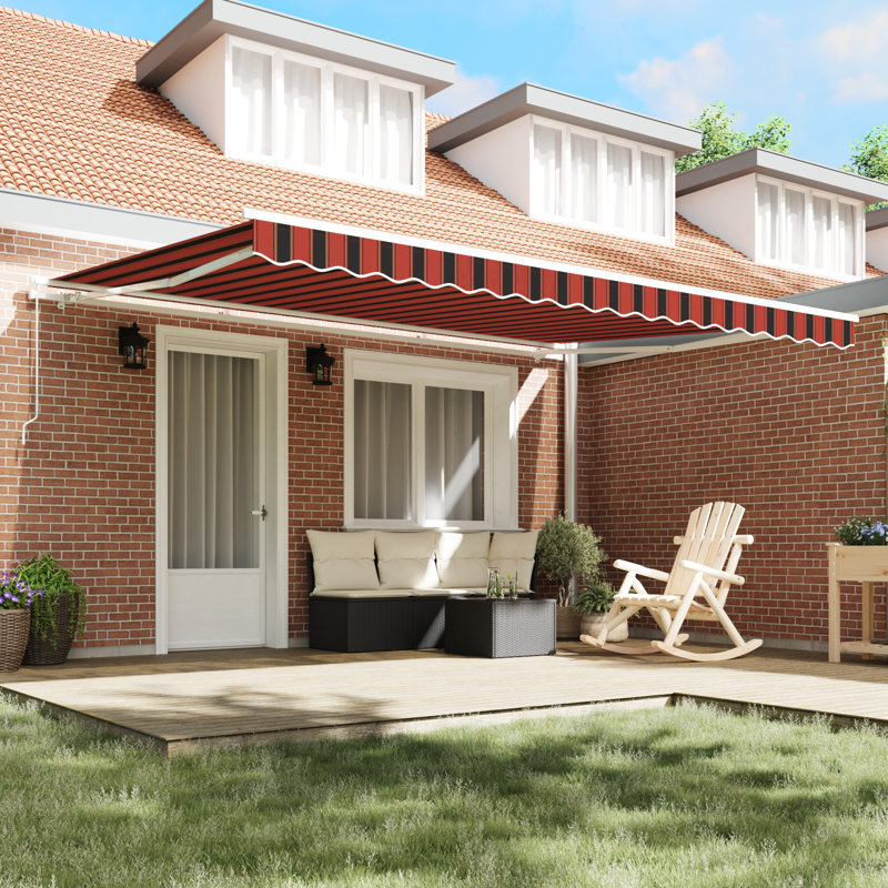 Brayden Studio Retractable Patio Awning, 450 cm W x 350 cm D, Orange/Brown Striped