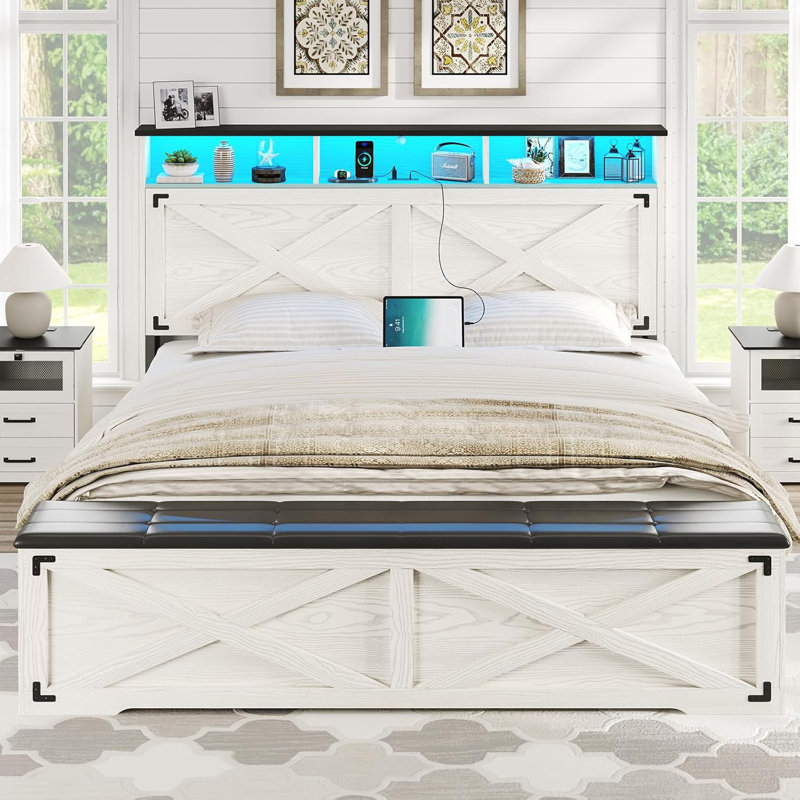 Bed Frame With Storage Headboard And Ottoman Farmhouse Platform Bed Frame With Led Lights,Charging Station And Storage Bench,Metal Slats,No Box Spring Needed