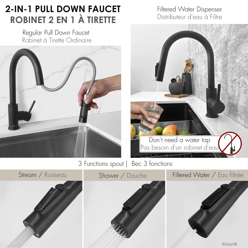 Robinet de cuisine élégant à poignée simple avec osmose réversible Modena, Noir mat