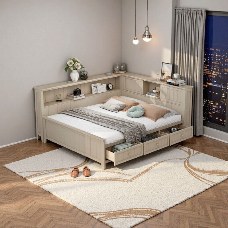 Storage Daybed Farmhouse Style - Full Size Bed Frame with Shelves & Drawers, Antique White, Lit double