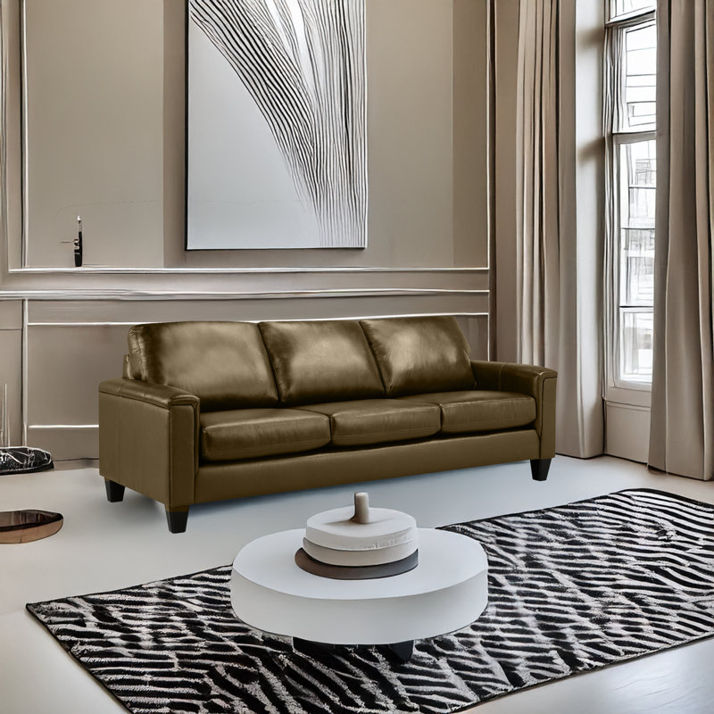 Deboer 89" Genuine Leather Square Arm Sofa, Taupe Leather Match