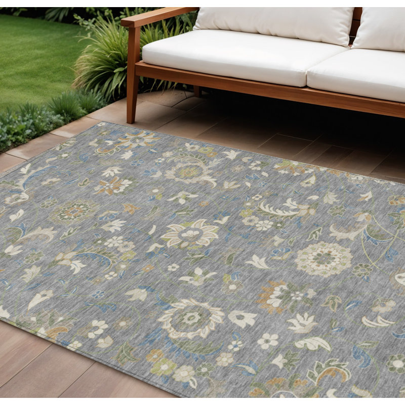 Tapis intérieur lavable floral 10 pi x 14 pi bleu gris