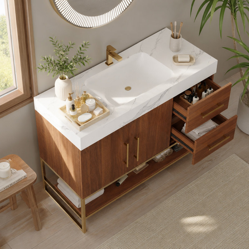 36" Modern Bathroom Vanity with Sintered Stone Top and Seamless Ceramic Sink, Gold,Walnut,White