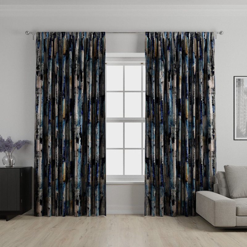 Liv Blackout Curtains / Drapes Pair, Width 116 x Drop 137cm, Blue/Black/Yellow