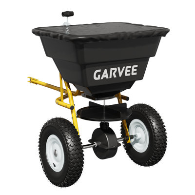 GarveeHome Heavy Duty 85 lbs Tow-Behind Broadcast Spreader – Adjustable Stream Control – 10" Pneumatic Tires – Fertilizer, Seed, Salt & Ice Melt Spreader – Black Bucket + Yellow Frame