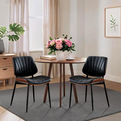 Dining Chairs Set of 2/4/6 - Mid Century Modern Upholstered Retro PU Leather Kitchen Chairs with Walnut Bentwood Back and Metal Legs, Black/White