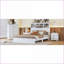 Ensemble de mobilier de chambre à coucher Grand lit de style campagne rétro blanc neige + 2 tables de chevet gris clair + commode avec rangement et amp; USB pour chambres de style naturel | Lits pour bibliothèque | Multicolore
