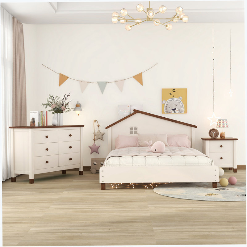 Ensemble de chambre à coucher 3 pièces avec table de chevet et commode Halaya, Blanc / noyer, Double