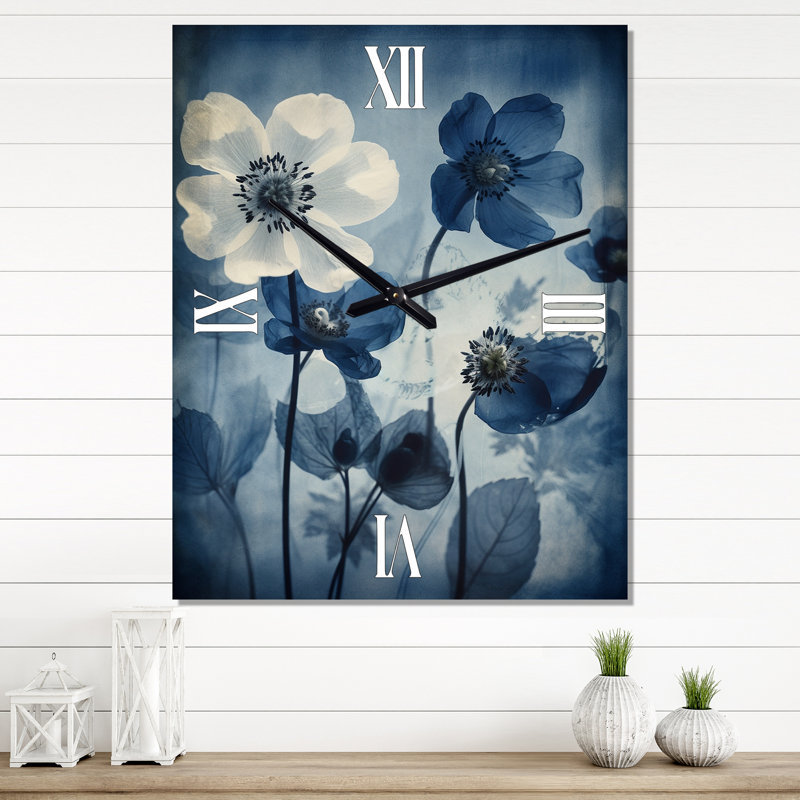Horloge murale rétro vintage botanique rétro bleu délavé IV, H 28 po x l 12 po x P 1 po