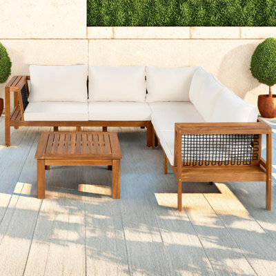 Ensemble de canapés modulaires d'extérieur en bois d'acacia 4 pièces avec accoudoirs tissés et table basse