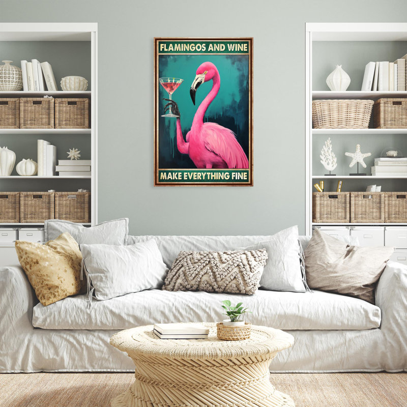 Flamants roses et vin sur toile, H 14 po x l 11 po x P 1,25 po