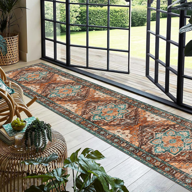 Area Rug, Brown/Red/Teal, Runner 2' x 10'