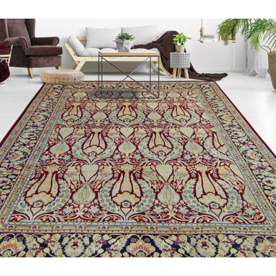 Tapis pak-persan Jazmina fait à la main - rouge - bleu marine, 8 pi 2 po x 9 pi 9 po