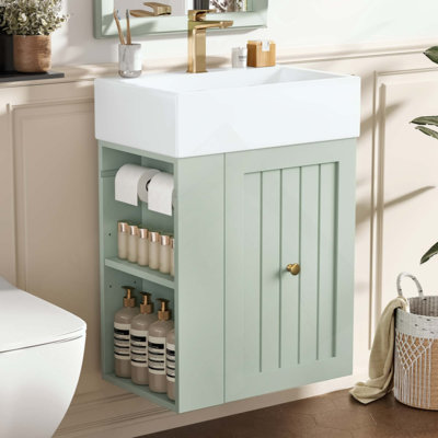Meuble-lavabo de salle de bain avec lavabo en céramique, armoire de rangement en panneau de fibres à densité moyenne avec tiroir, tablette latérale et poignée - Meuble-lavabo moderne peu encombrant pour les petites salles de bain