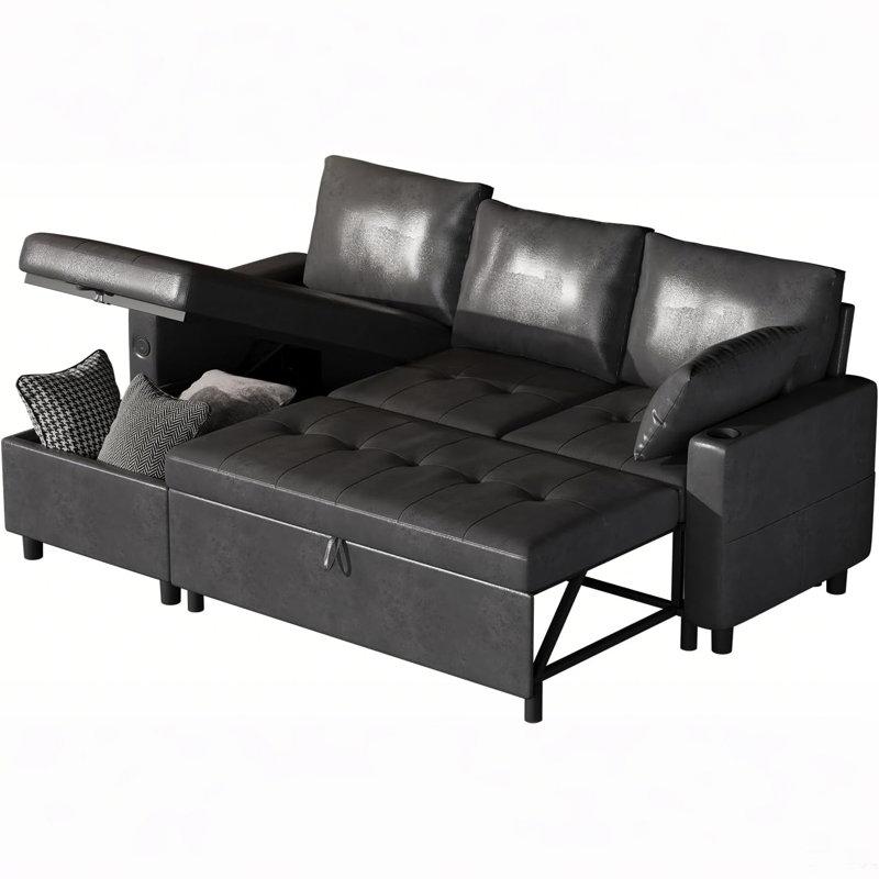 Canapé-lit convertible 83,5 po avec lit escamotable, Cuir noir