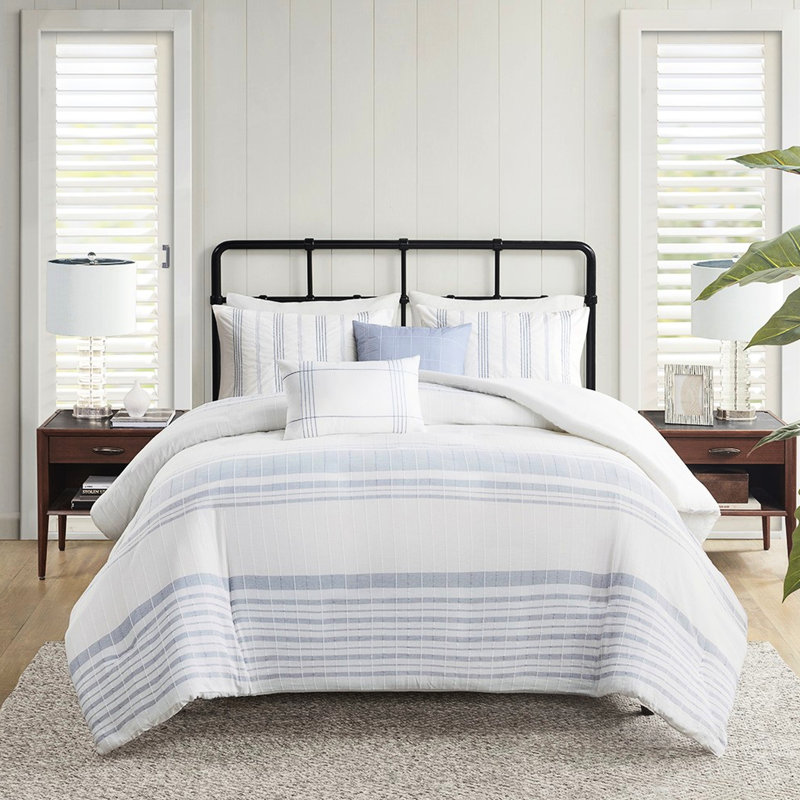 Housse de couette pour lit double / grand 5 pièces - Coussin décoratif en coton avec fermeture à glissière, rayures texturées tissées, look moderne, multicolore