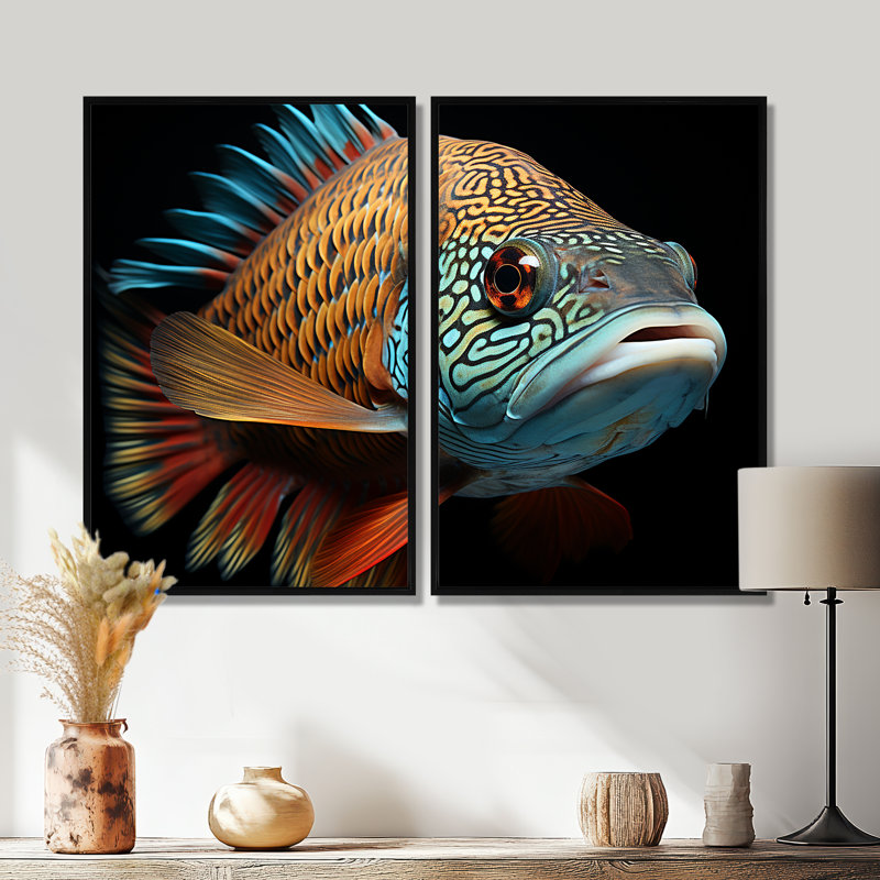 Portrait de poisson - ensemble d'art mural traditionnel orange, ensemble de 2, Black, 36" H x 48" W
