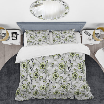 Silver and Green Striped Pattern - Abstract Duvet Cover Set - Microfiber Polyester