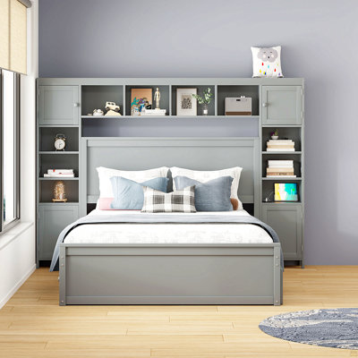 Queen Size Wooden Bed With All-In-One Cabinet, Shelf And Sockets,Twin Xl Trundle, Gray
