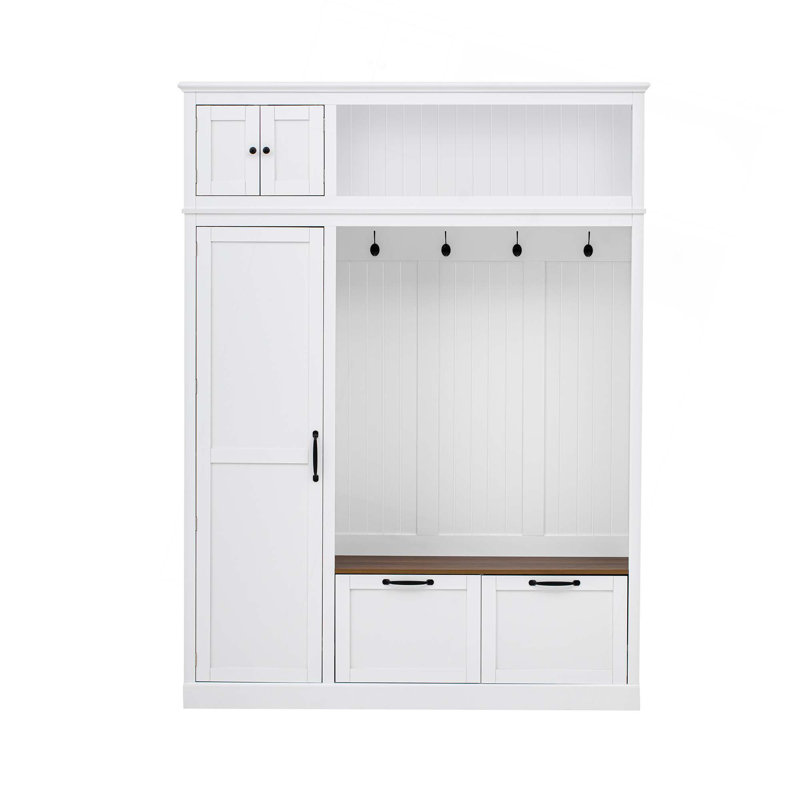 3-In-1 Hall Tree With Overhead Storage Cabinet,3 Adjustable Side Shelves,4 Heavy-Duty Hooks,2 Spacious Drawers, White
