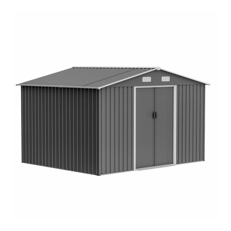 10X8 FT Outdoor Storage Shed,  Metal Foundation & Lockable Doors, Tool Shed For Garden, Patio, Backyard, Lawn, Grey