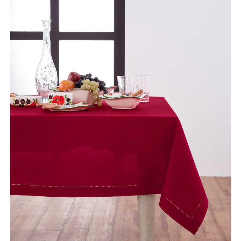 Cotton Linen Hemstitch Tablecloth, Red, 132" x 60"