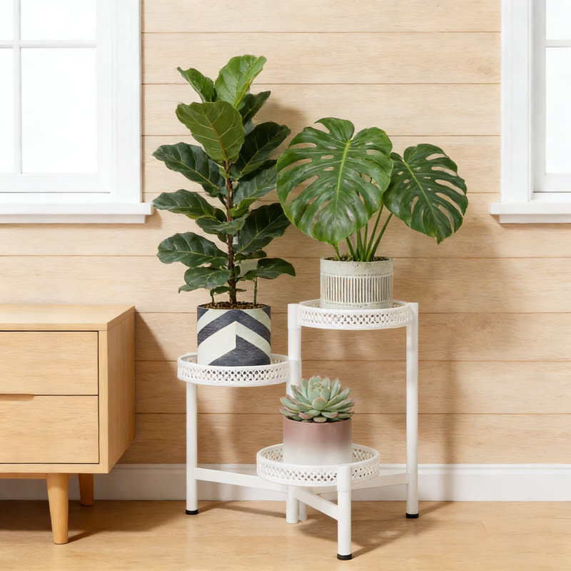 Support pour plante à 3 niveaux en métal pour une utilisation intérieure et extérieure, tablette de coin pliante robuste pour plusieurs plantes, support à fleurs compact pour balcon de patio
