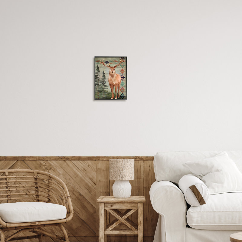 Motif géométrique, faune, cerf - cadre flottant, impression sur bois, Giclée encadrée noir minuit