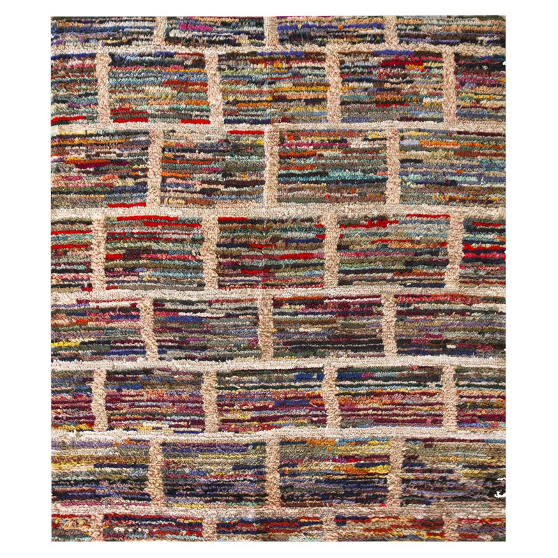 Antique Geometric Layered Brick Pattern American Hooked Rug