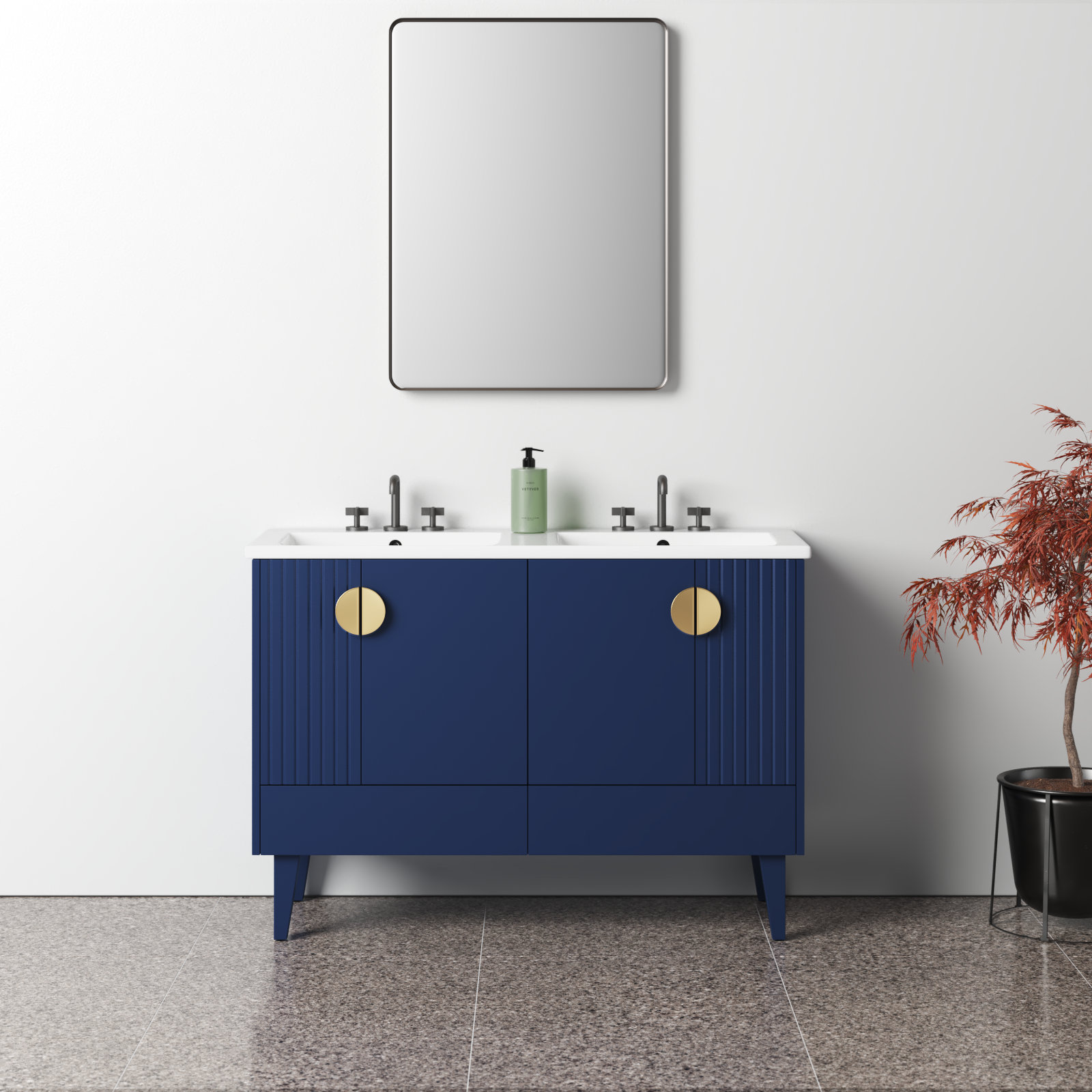 Saimah 47.25'' Double Bathroom Vanity, Satin Brass, Navy Blue