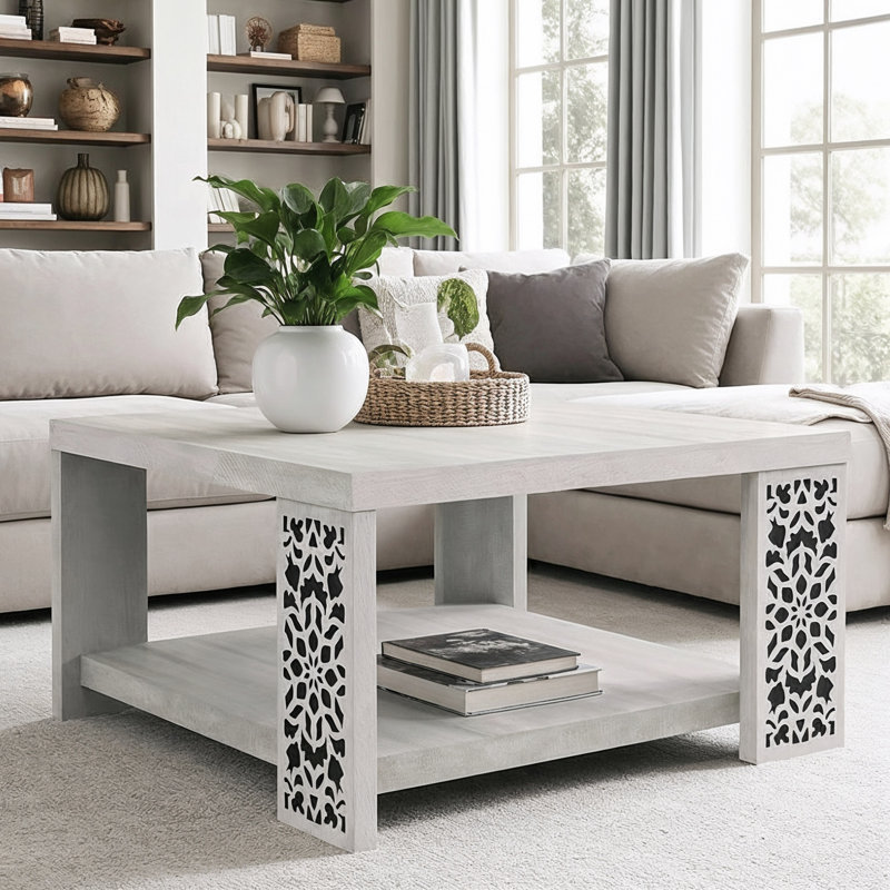 Arrastia Traditional 31.1" Square Coffee Table With Shelf, Gray/Black