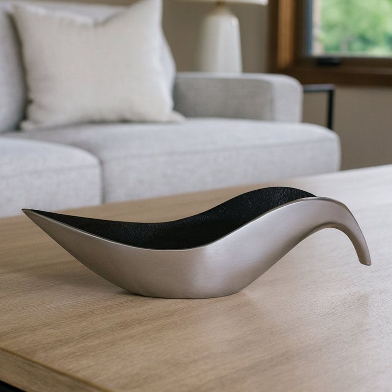 18" Silver & Black Matte Aluminum Leaf Boat Bowl – Modern Decorative Accent For Table, Shelf, Or Centerpiece
