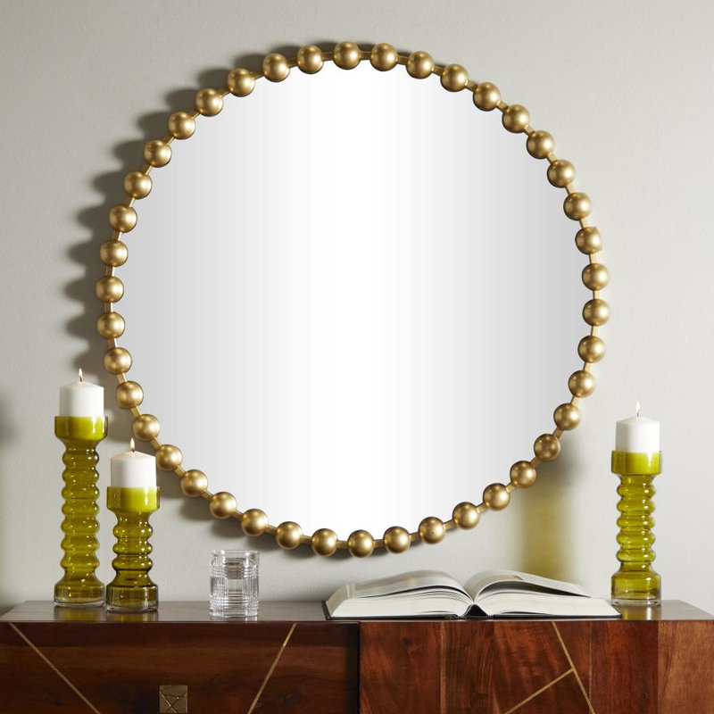 Miroir mural en métal avec détails perlés, 36 po x 36 po, Or
