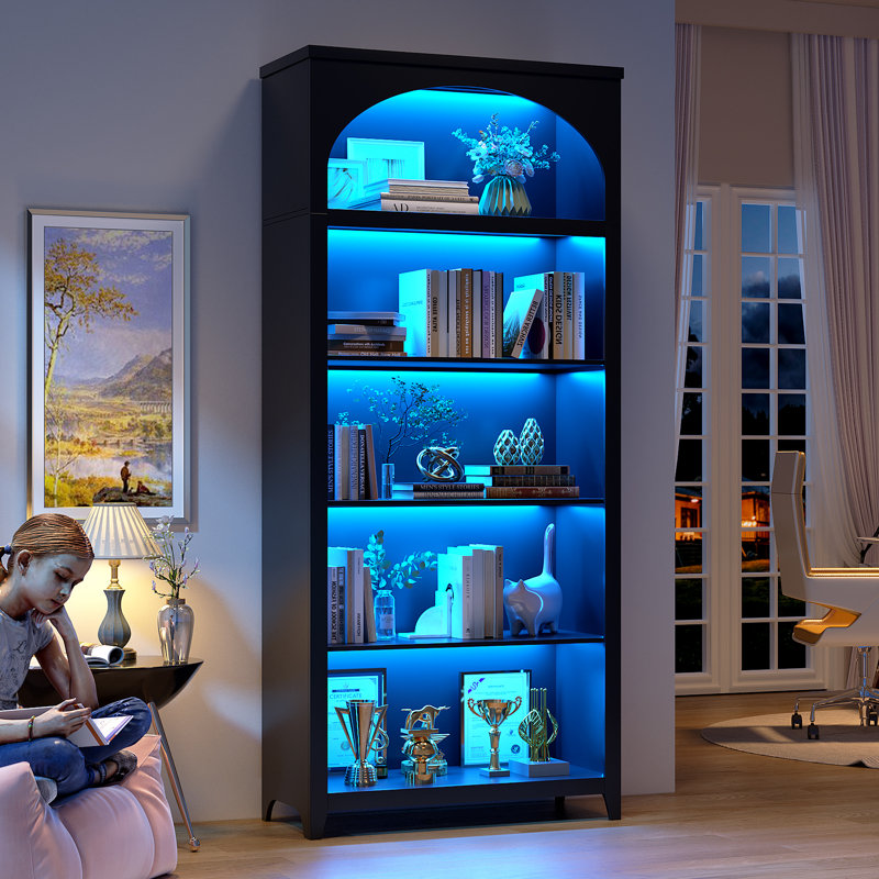 176cm H x 75cm W 5-Tier Bookcase with Tri-Color Sensor Light, Black