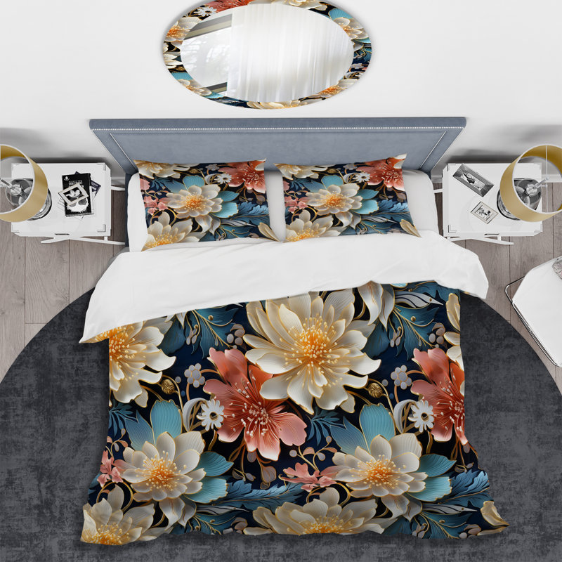 Pivoines métalliques bleues et beiges - Ensemble de housse de couette floral - Polyester microfibre